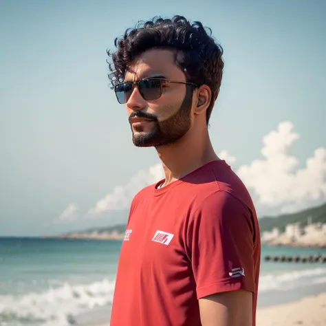portrait of (SheeroA), man, closeup, cowboy shot, BREAK wearing red shirt, BREAK Beach, summer vibe in background, vibrant colors, <lora:SheeroAv4:1>