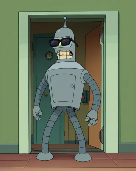 score_9, score_8_up, score_7_up, zPDXL, BenderR, circle eyes, dot pupil, source_cartoon, futuramastyle, solo, 1boy, standing, indoors, dark sunglasses, robot, door<lora:Futurama_Style:1>