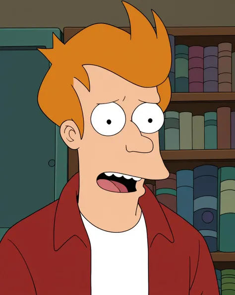 score_9, score_8_up, score_7_up, zPDXL, Philip J. Fry, orange hair, jacket, circle eyes, overbite, dot pupil, source_cartoon, futuramastyle, solo, open mouth, shirt, 1boy, white shirt, upper body, male focus, indoors,bookshelf<lora:Futurama_Style:1>