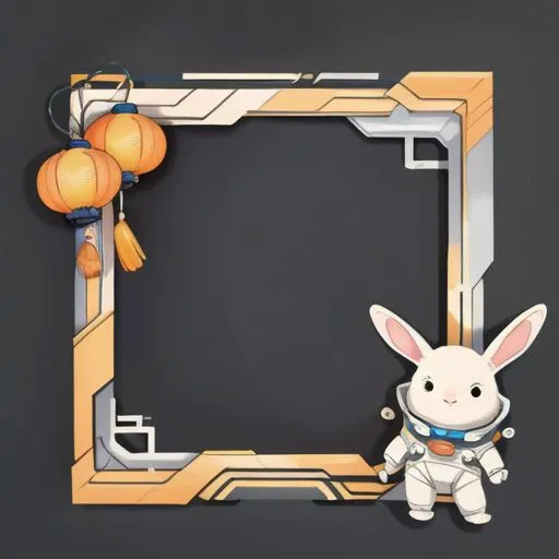 clean black background,头像框 , (mid-autumn theme), chinese style,white and gold,mechanical-like graphic textures, Astronaut rabbit, embellished with blue, future,chinese style lantern, embellishment orange,, masterpiece, best quality,