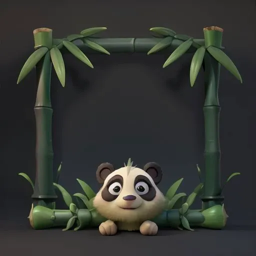 clean dark background,头像框 ,  Disney style, 3D rendering style,Bright,bamboo frame ,composition symmetry, skeuomorphic, symmetry,bamboo leaves, bamboo, panda muppet head,