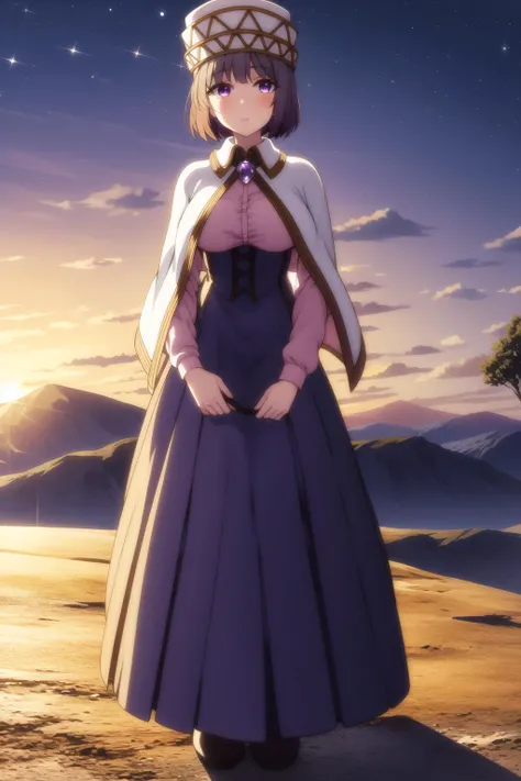 alicia <lora:Alicia Edelcia:0.9>, full body, dress, hat, short hair, beautiful face, purple eyes, (masterpiece:1.2), best quality, absurdres, extremely detailed wallpaper, perfect lighting,