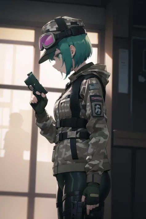<lora:ela-000035:1> ela, jacket, leggings, latex legwear, fingerless gloves, military uniform, camouflage, baseball cap, goggles on headwear,
1girl, solo, handgun, from side, spotlight, looking down, determined, dramatic