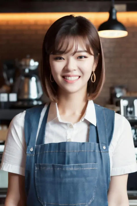 Japanese women、50 years old、Brown Hair、Hairstyle to the shoulders、Apron appearance、Bcup、Embarrassed look