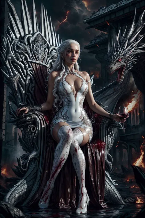 medium angle eye level shot,
1girl, sitting majestic elegant, breasts, burning, fire, embers, evening, fiery hair, fire, flame, flaming weapon, hand between legs, lightning strikes, medium breasts, molten rock,sky, solo, sparks, sunset, thighhighs, torn clothes, torn dress, sun rays,
(smirking, parted lips:1.1), <lora:MechaArmor:0.4>, <lora:A-MechaMusume:0.4> , (white latex dress:1.3), vampire, covered in blood, (skinny body:1.4), (long white hair), (low neckline:1.3), she holds a glass of wine in her hand, drinking,
from Game of Thrones, (giant dragons throne:1.2), a fury dragon to her feet with 2 heads breathing fire, Daenerys Targaryen,
dark background clouds flanders burning cities, action, explosions, hell fire, a detailed painting of destruction, multible lightning strikes, fantasy art,3d, cgi,
cinematic lighting, perfect shadows, Highly Detailed, 3D,CG, Masterpiece, Amazing Depth, HDR, (photorealistc:1.5), (realistic:1.3),
<lora:epi_noiseoffset2:0.6><lora:LowRA:0.6> <lora:CyberpunkStyleV3:0.3><lora:more_details:0.5><lora:game_of_thrones_offset:0.7> <lora:VampiricTech:0.5>