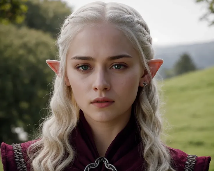 from Game of Thrones <lora:game_of_thrones_offset:1>, (detailed face, detailed eyes, clear skin, clear eyes), lotr, fantasy, elf, female, silver hair, looking at viewer, portrait, photography, detailed skin, realistic, photo-realistic, 8k, highly detailed, full length frame, High detail RAW color art, piercing, diffused soft lighting, shallow depth of field, sharp focus, hyperrealism, cinematic lighting, pointy ears