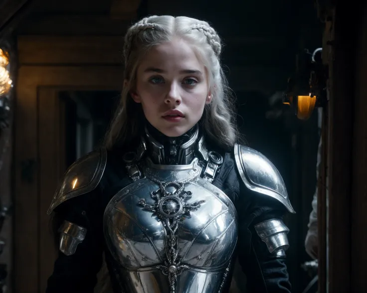 from Game of Thrones <lora:game_of_thrones_offset:1>, (RAW photo, 4k, masterpiece, high res, extremely intricate) (photorealistic:1.4), cinematic lighting 1girl, solo focus, summer noon, hot, 1990s \(style\),cowboy shot,indoors,the upper part of the body, masterpiece, best quality, masterpiece,best quality,official art,extremely detailed CG unity 8k wallpaper, beautiful detailed eyes, artbook, photo, real, realistic, futuristic knight, (silver, long hair), mecha girl, mechanical parts, space station, Expressive Hues, Vibrant Palette,B lack and white clothes, <lora:more_details:0.5> <lora:mecha_offset:1>