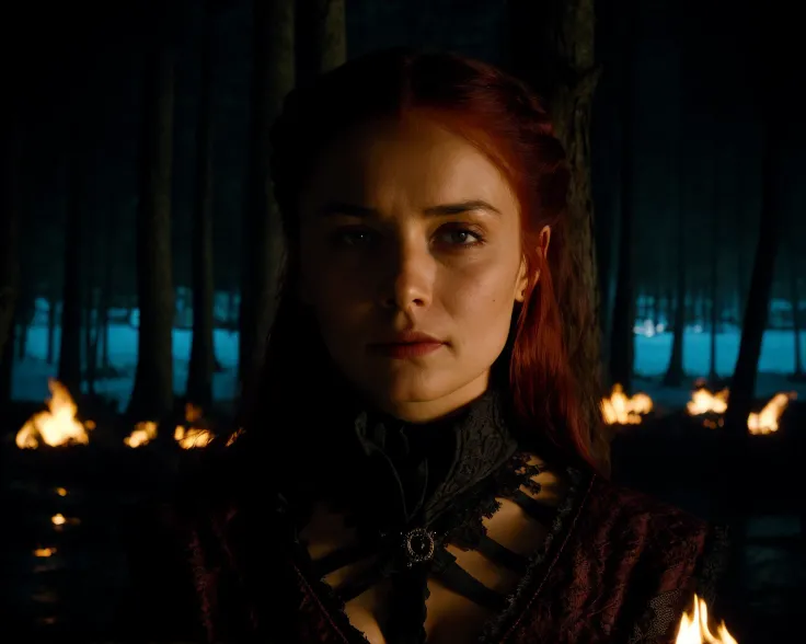 from Game of Thrones <lora:game_of_thrones_offset:1>, realistic, a portrait photo of a gothic woman in a black lake, beautiful woman, dark red hair, unsettling horror, professional, (Extremely Detailed:1.2), glow effects, godrays, intricate details, sharp focus, dramatic, photorealistic, tribal village, wooden village, burning forest background, sharp contrast, many colours, serious face, smirking,