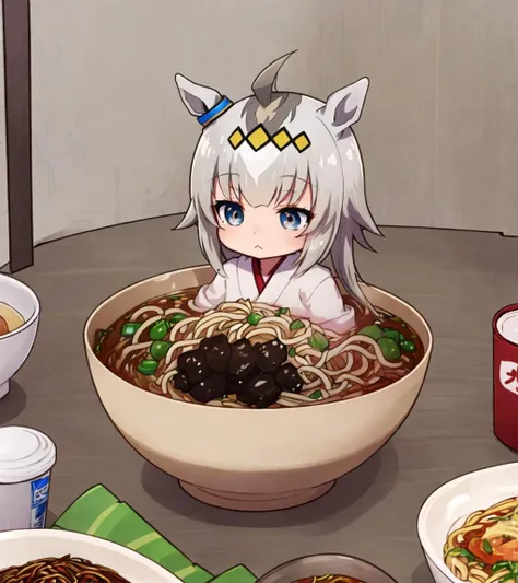 in bowl; OguriCap, horse girl, noodles, in container, bowl, solo, minigirl, mini person, table in wood, meals
<lyco:in_container-step-30000:1>   <lyco:umamusume_extract_convP02_linearP06:0.8>