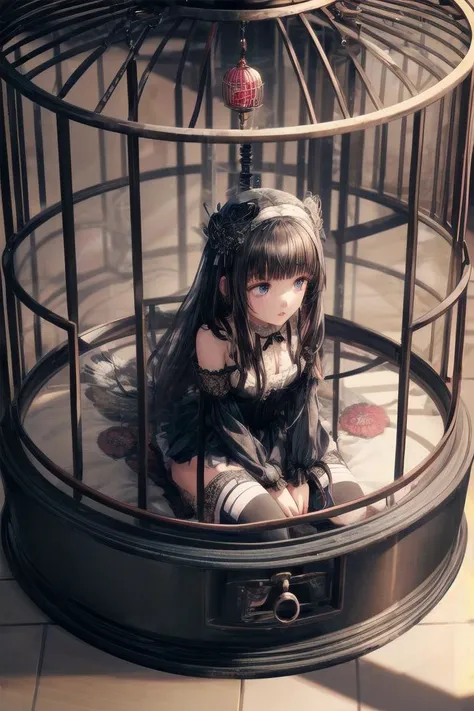 (in cage:1.4), 1girl, 8k, highres, best quality, masterpiece,
(extremely detailed CG unity 8k wallpaper,best quality, ultra-detailed, beautiful detailed eyes),(best illumination, best shadow, an extremely delicate and beautiful, bloom, absurdres),
depth of field, isometric, tilt shift,   full body, mini person,  (shrunken girl:1.4),from above,
a illustration of girl (captured in birdcage:1.4), oversized object,
(lonely:1.3),
sitting, (wariza:1.2),  (looking away:1.3), indoors,
luxury girly gothic dress, thighhighs, medium breasts, (black hair:1.2), long hair, blunt bangs,
<lora:flat2:-0.3>
<lycoin_container-step-30000:0.6>