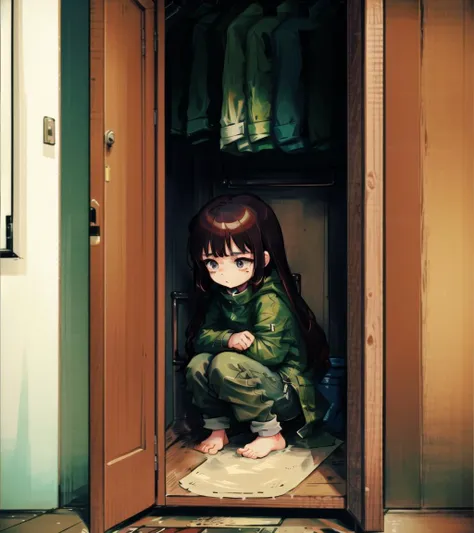 in closet; 1girl, little girl, wood, squatting, pants, coats
<lyco:in_container-step-30000:0.76>