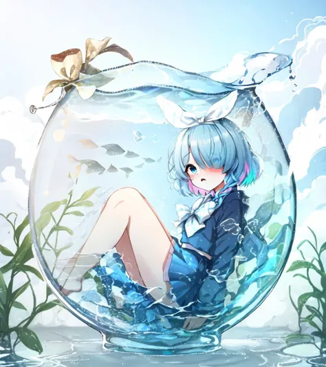 little finger, hand, in fishbowl;  arona,  water,  from side, knees up, 1girl, in water, sunshine, barefoot, flowers, water,
in container, in bowl, aqua, water, fish, black hair
 bowtie, hair over one eye, blue eyes, multicolored hair, blue hair, short hair, pink hair, white bow hairband, white bow, braid, 
<lyco:in_container-step-30000:0.7>  <lyco:chara-arona-v1:0.5> <lyco:chara-arona-v1:0.5>