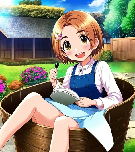 in bucket; Ryuzaki Kaoru, outdoors, fancy, illustration, ink, sitting, hair ornament, short hair, hairclip, brown hair, yellow eyes,
<lyco:in_container-step-30000:1>   <lyco:u149-v3.1:1>