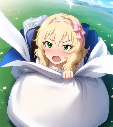 (Sakurai Momoka) in sack; blond hair, green eyes, big white sack, ribbon, intricate details, grassland,
1girl, sack, captured, female focus, flying sweatdrops, hairband, solo
<lyco:in_container-step-30000:0.7> <lyco:u149-v3.1:1>