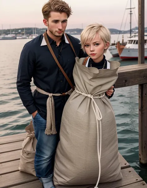 cute scandinavian young woman, short pixie hair, slim body, <lora:in_container-step-30000:.5>, (in sack, canvas sack), tied by a heavy chain, on a jetty in harbor, with hansome young man holding the sack