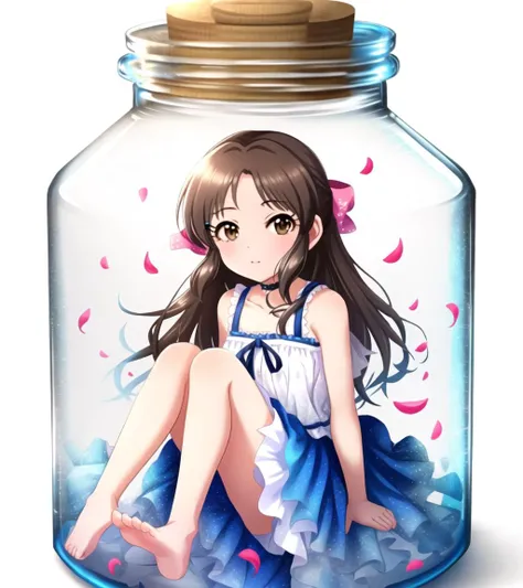 (Tachibana Arisu); in bottle; in container, white background, bare arms, bare shoulders, barefoot, brown eyes, brown hair, long hair, bow,
choker, collarbone, flat chest, flower, hair ribbon, in container, layered skirt, looking at viewer, miniskirt, petals, pink ribbon, pink skirt, simple background, skirt, solo, white dress
<lyco:in_container-step-30000:1> <lyco:u149-v3.1:1>