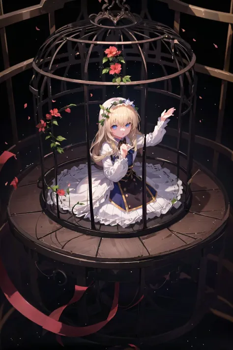 1girl,  (in cage:1.4),  <lora:in_container:0.6> kneeling, (minigirl:1.4), ((huge birdcage:1.2)),  size difference, girl trapped in birdcage, girl inside birdcage, (depth of field:1.6), from far above, fully inside cage, sad, kneeling,, (extremely detailed CG unity 8k wallpaper,best quality, ultra-detailed, beautiful detailed eyes),(best illumination, best shadow, an extremely delicate and beautiful, bloom, absurdres,),