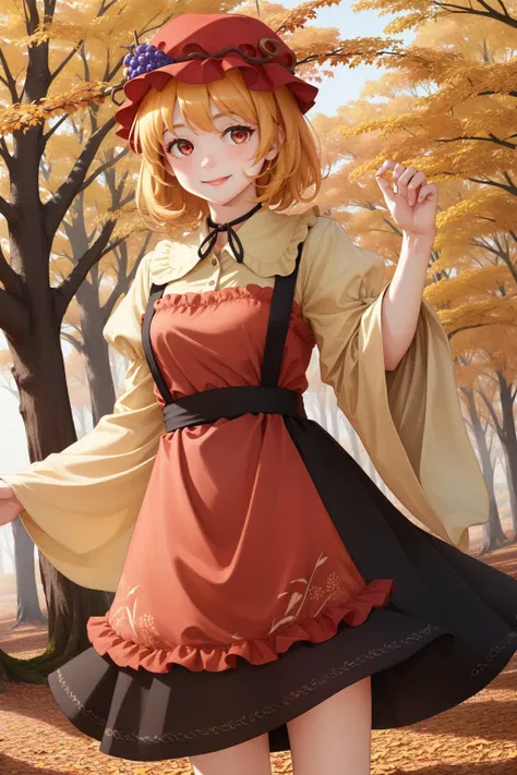 (masterpiece, best quality:1.2), <lyco:touhou_aki-10:1.0>, autumn leaves, orange theme, cowboy shot, solo, 1girl, aki minoriko, smile, looking at viewer, mob cap, fruit, grapes, shirt, wide sleeves, apron, skirt