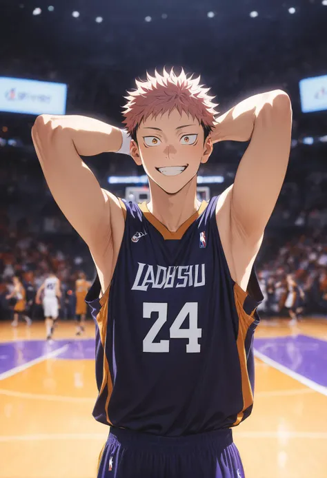 1boy, male focus, solo,itadori yuuji, jujutsu kaisen,dark blue shirt,dark blue short,basketball uniform,basketball sleeve,hands behind head,upper body,smile expression,basketball stadium,white wristbands,lighting,masterpiece,best quality,ultra detailed,<lora:No.24 jersey_xl:1>, <lora:add-detail-xl:1>