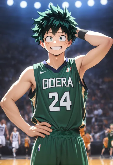 1boy,male focus, midoriya izuku,solo, boku no hero academia,green shirt,green short,basketball uniform,basketball sleeve,hand on hip,hand behind head,upper body,smile expression,basketball stadium,black wristbands,lighting,masterpiece,best quality,ultra detailed,<lora:No.24 jersey_xl:1>, <lora:add-detail-xl:1>