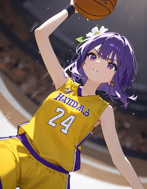 (score_9, score_8_up, score_7_up), ray tracing, source anime,from below,close-up, <lora:No.24 jersey_xl:.75>,1girl, (hieda_no_akyuu:1.3), touhou,medium hair, hair_flower,yellow basketball uniform,yellow shorts,yellow vest, 1girl, solo,hieda no akyuu,flower ornament, purple eyes, purple hair, indoor,in sport_field, "24"number print on clothes,basketball stadium,no headband,black wristbands,lighting,masterpiece,best quality,ultra detailed,looking_up,(sweat, sweatdrop:1.1), heavy breathing,(elbow:1.2),arm up,angry, looking to the side, (motion lines, speed lines:0.8),raise elbow, (motion lines, speed lines:1.2)
<lora:Touhou_pony:.7>