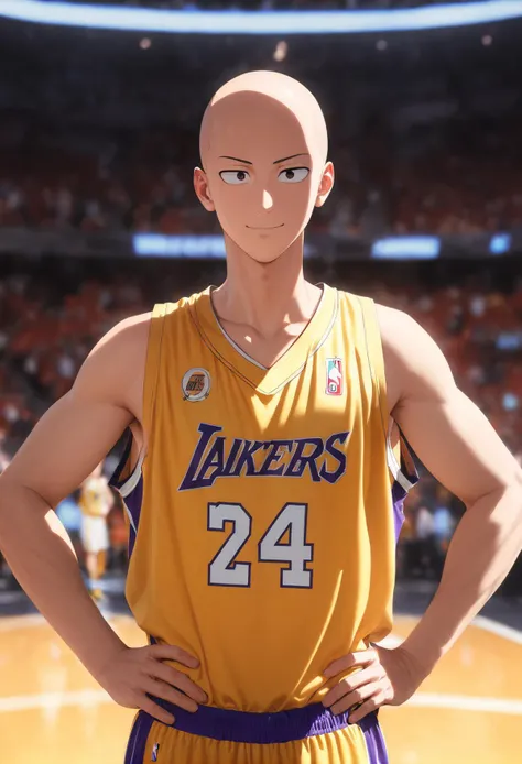 1boy, male focus, solo,saitama \(one-punch man\), one-punch man,yellow shirt,yellow short,basketball uniform,basketball sleeve,hands on hips,upper body,smile expression,basketball stadium,white wristband,lighting,masterpiece,best quality,ultra detailed,<lora:No.24 jersey_xl:1>, <lora:add-detail-xl:1>