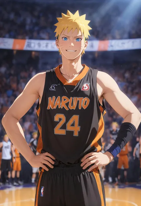 1boy, mature,male focus, solo,uzumaki naruto, naruto \(series\),yellow hair,blue eyes,black shirt,black short,basketball uniform,basketball sleeve,hands on hips,upper body,smile expression,basketball stadium,no headband,black wristbands,lighting,masterpiece,best quality,ultra detailed,<lora:No.24 jersey_xl:1>, <lora:add-detail-xl:1>
