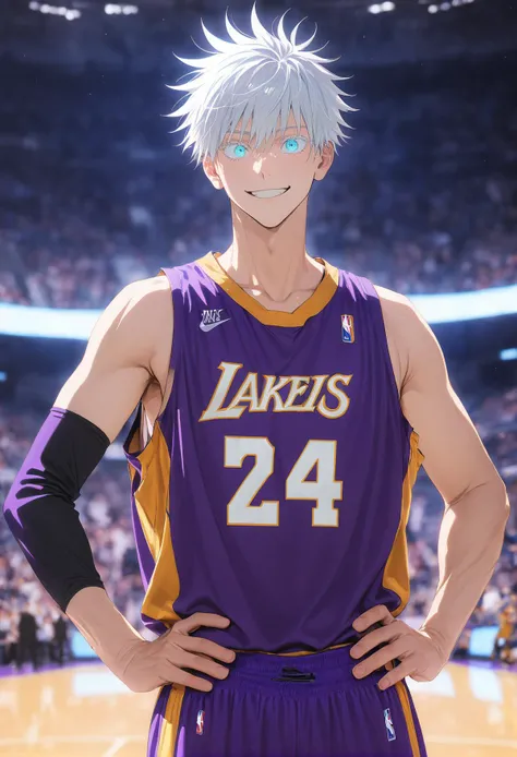 1boy, male focus, gojou satoru, jujutsu kaisen,white hair,vibrant blue eyes,purple shirt shirt,purple short,basketball uniform,basketball sleeve,hands on hips,upper body,smile expression,basketball stadium,lighting,masterpiece,best quality,ultra detailed,<lora:No.24 jersey_xl:1>, <lora:add-detail-xl:1>