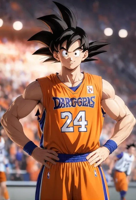 1boy, male focus,son goku, dragon ball,muscular,black hair,orange shirt,orange short,basketball uniform,basketball sleeve,hands on hips,upper body,smile expression,basketball stadium,blue wristbands,lighting,masterpiece,best quality,ultra detailed,<lora:No.24 jersey_xl:1>, <lora:add-detail-xl:1>