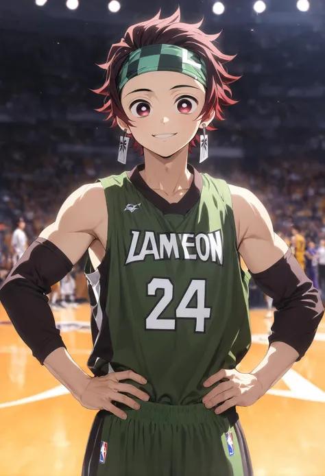 1boy, male focus, solo, kamado tanjirou, kimetsu no yaiba,muscular,crimson hair,crimson eyes,black and green shirt,black and green short,basketball uniform,basketball sleeve,(dark green headband),hands on hips,upper body,smile expression,basketball stadium,lighting,masterpiece,best quality,ultra detailed,<lora:No.24 jersey_xl:1>, <lora:add-detail-xl:1>