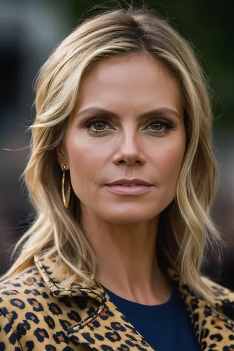 <lora:h31d1klum:0.9>, a Realistic photo of h31d1klum woman, long hair, (((blonde hair))), brown eyes, shorts, lips, coat, animal print, sleeves rolled up, realistic, leopard print, fashion, soft lighting, professional Photography, Photorealistic, detailed eyes, RAW, analog, sharp focus, 8k, HD, DSLR, high quality, Fujifilm XT3, film grain, award winning, masterpiece