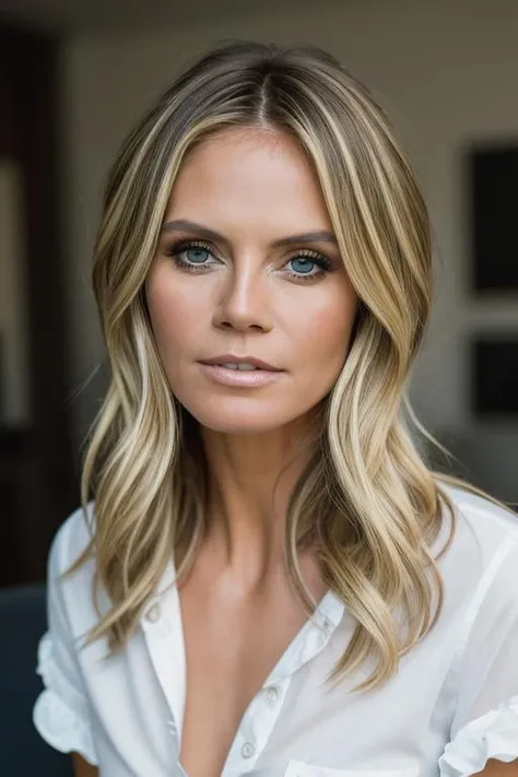 <lora:h31d1klum:0.9>, a Realistic photo of h31d1klum woman, long hair, breasts, looking at viewer, (((blonde hair))), shirt, brown eyes, medium breasts, sitting, white shirt, parted lips, open clothes, barefoot, open shirt, dress shirt, no bra, messy hair, realistic, naked shirt, soft lighting, professional Photography, Photorealistic, detailed eyes, RAW, analog, sharp focus, 8k, HD, DSLR, high quality, Fujifilm XT3, film grain, award winning, masterpiece