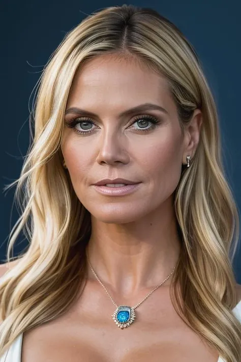 <lora:h31d1klum:0.9>, a Realistic photo of h31d1klum woman,long hair, breasts, looking at viewer, (((blonde hair))), dress, cleavage, jewelry, medium breasts, necklace, white dress, lips, blue background, ring, realistic, soft lighting, professional Photography, Photorealistic, detailed eyes, RAW, analog, sharp focus, 8k, HD, DSLR, high quality, Fujifilm XT3, film grain, award winning, masterpiece