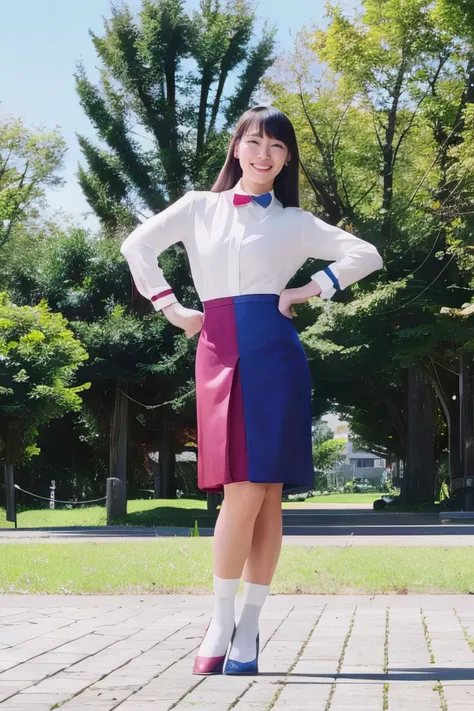 masterpiece,beautiful,extremely detailed,(ultra high res),(8k UHD best quality), (realistic, photo-realistic:1.37), depth_of,field, blurry_background, photo_inset,Dramatic lighting,reference_inset,photo_background,photorealistic,looking_at_viewer,(1girl,solo:1.50),detailed skin,shiny skin,(((hands on hips))),(((full body))),de_r<lora:de_r:1>