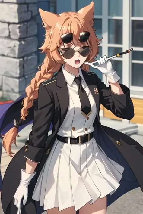 best quality, masterpiece, highres, solo, {black business suit:1.40}, {tie:1.20}, {sunglasses:1.25}, {white gloves:1.15}, {white shirt:1.10}, {black skirt:1.15}, {smoking:1.20}, handsome, {ithea_sukasuka:1.15}, brown_hair, braid, brown_eyes, long_hair, animal_ears, open_mouth
