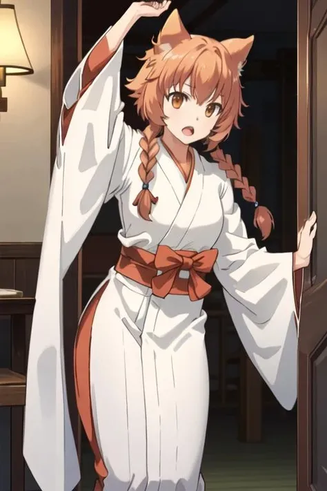 best quality, masterpiece, highres, solo, {white kimono:1.35}, {red hakama:1.35}, {wide sleeves:1.20}, {ithea_sukasuka:1.15}, brown_hair, braid, brown_eyes, long_hair, animal_ears, open_mouth