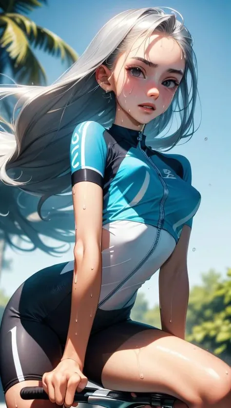 (best quality, masterpiece) perfect face, 18 years old girl, <lora:Animesh-Lora:1>medium tits, riding a bike, sweaty , silver long hair