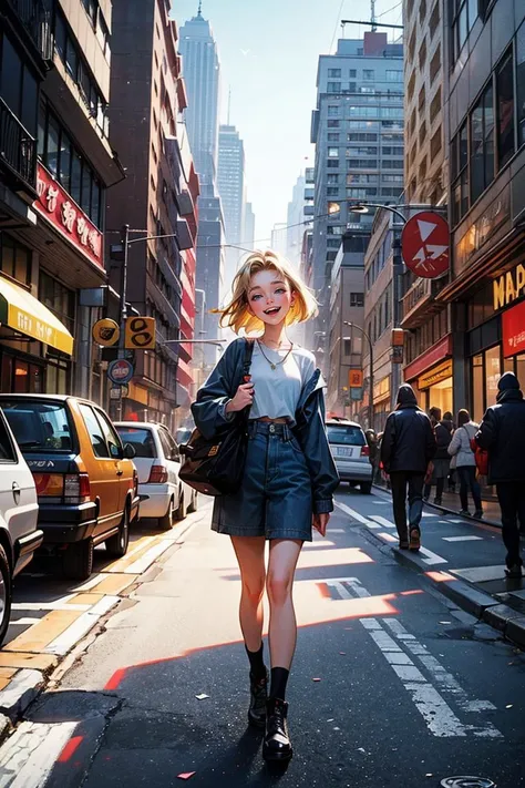Street style photo of a grunge style woman in the streets of 1990 Manhattan standing in front of a sliver high rise building, blonde, 90s bob, Carly Norris, Sliver , natural lighting, shot on Agfa Vista 200,(happy:1.4),
<lora:add_detail:0.4>,