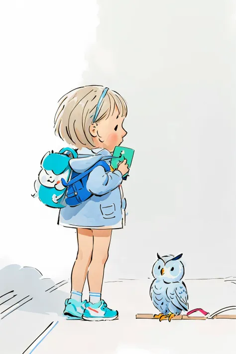 1girl, standing, light blue jacket, looking up, side view, sneakers, schoolbag, sketch, a owl , janemassey, massey, ( lineart,white background,illustration, cute, 2d:1.4),
<lora:janemassey-04:1>