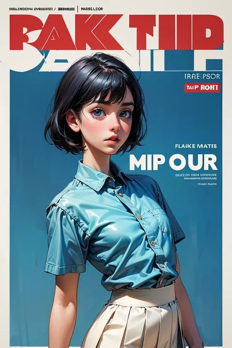 masterpiece,best quality,1girl, black_hair, blue_shirt, cover, cover_page, fake_cover, lips, magazine_cover, realistic, short_hair, short_sleeves, skirt, solo, white_skirt
<lora:add_detail:0.4>,