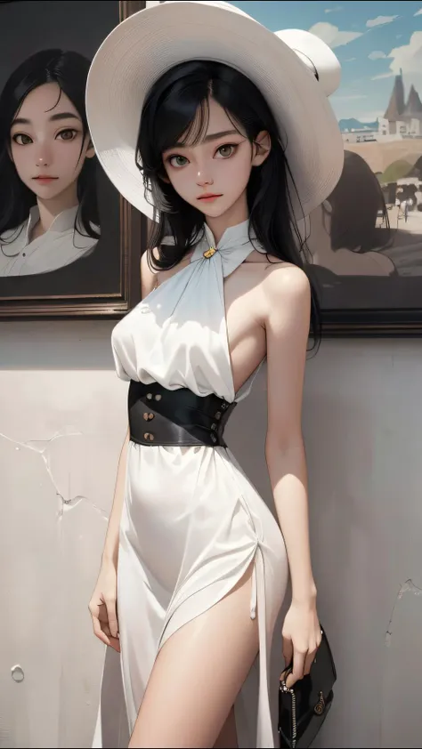 (best quality, masterpiece, perfect face) black hair, 18 years old pale girl, <lora:Animesh-Lora:1>, medium tits, white sundress, big white hat