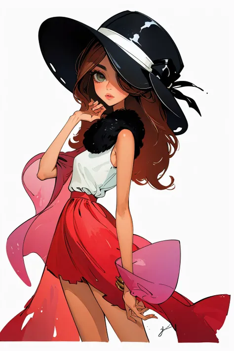 tariq, illustration, ink color, watercolor,
super long legs,
1girl, solo, long hair, looking at viewer, simple background, hat, white background, monochrome, upper body, signature, black headwear, traditional media, one eye covered, hand on headwear,
<lora:anumtariq-01:0.8>