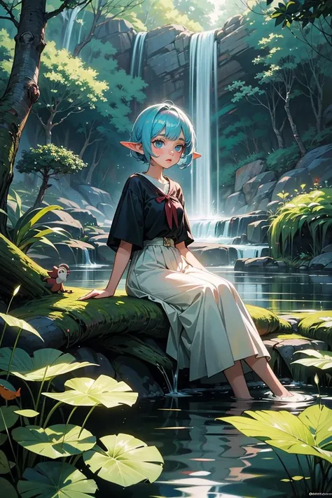 (best quality, masterpiece),1girl,sitting,elf,pond,in water,deep forest,waterfall,looking away,blurry background,
a small wooden toy,\(\(intricate details\)\),colorful details,iridescent colors BREAK,\(\(masterpiece best quality\)\),4k,ultra detailed,detailed lighting,\(\(inspired by Hayao Miyazaki\)\),official art,promotional art,composition,
<lora:add_detail:0.4>,