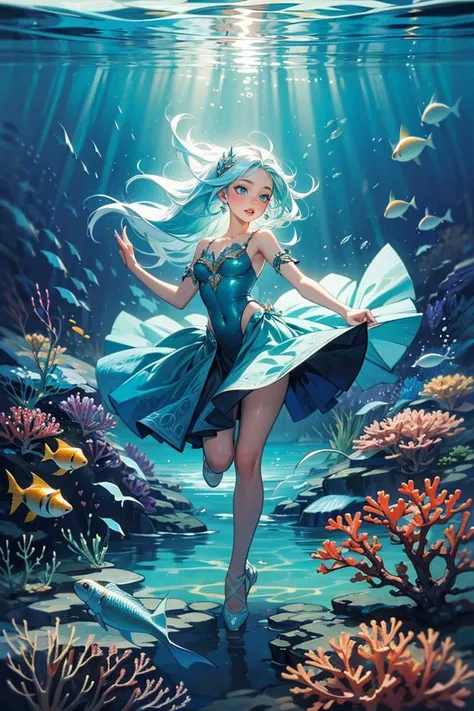 POV, ((masterpiece, best quality)), full body, 1girl, solo, (long hair:1.1), white|light blue hair, Create a captivating and ethereal underwater scene featuring a girl with flowing hair and luminescent blue eyes that glow like deep-sea treasures. She is gracefully floating in the crystal-clear water, surrounded by a mesmerizing array of exotic fish, creating a harmonious ballet of movement and color. The girl's delicate hands gently touch the vibrant, shimmering scales of the fish as they weave around her, forming intricate patterns that illuminate the water with an otherworldly glow. The sun's rays pierce through the surface above, casting a magical, dappled light that dances upon her skin and the surrounding marine life. In the background, a lush underwater garden of swaying sea plants and coral formations adds to the enchanting atmosphere. This breathtaking image should evoke a sense of wonder, tranquility, and the serene beauty of the underwater world, showcasing the girl's mystical connection to her aquatic companions.
<lora:add_detail:0.4>,