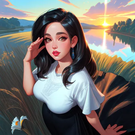 masterpiece, best quality, highres, intricate detail, 1girl, (mature female:1.5), (curvy:1.3), (thick lips:1.4), eyeshadow, brown eyes, long hair, black hair, grass, oversized clothes, long skirt, spring \(season\), blue sky, lake, hill, sunset, looking at viewer, sunlight, portrait, feeling amused, cloudy sky, extreme close-up, hand up, clenched hand, from above,
high detail hair, high detail outfit, high detail hand, blue sky, high quality iris, high detail eyelash, tone mapping , high detail scenery, <lora:GoodHands-vanilla:1> <lora:hairdetailer:1>