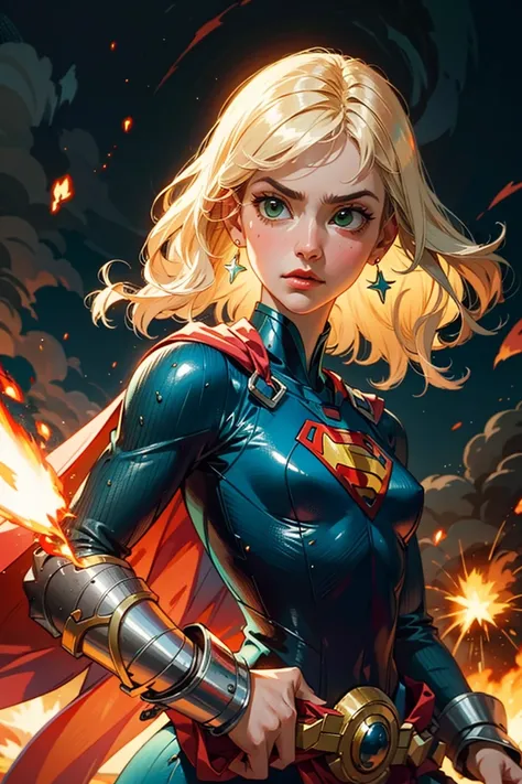 visionary, Fierce warrior with a gleaming helmet and a mighty weapon in hand, Superwoman, Short, Fit, Square Face, Fair Skin, Blonde Hair, green Eyes, Short Nose, Full Lips, Round Chin, Long Hair, Coarse Hair, Bob with Bangs, small breasts, Threader earrings, plum stain lipstick, The explosion detonates with a brilliant burst of light, illuminating the darkened sky, <lora:epiNoiseoffset_v2:2>, <lora:_rL2170:0.5> , <lora:BD_marumi_v3:-0.5>,<lora:flat2:-0.3>