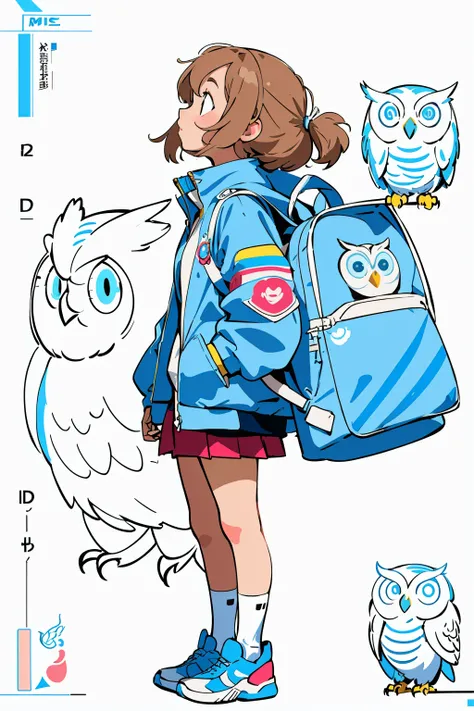 1girl, standing, light blue jacket, looking up, side view, sneakers, schoolbag, sketch, a owl , janemassey, massey, ( lineart,white background,illustration, cute, 2d:1.4),