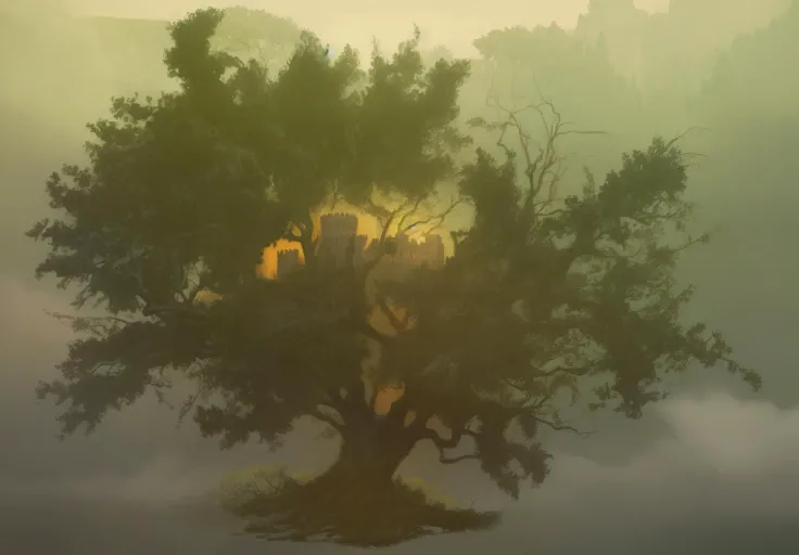 landscape painting of castle in the middle of an illustration of a tree, chearful fantasy art in the style of lord of the rings and chronicles of narnia, (low light foggy morning mist landscape)