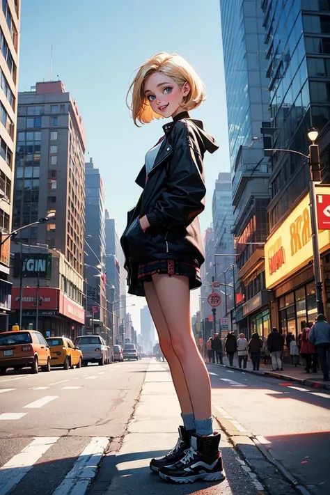 Street style photo of a grunge style woman in the streets of 1990 Manhattan standing in front of a sliver high rise building, blonde, 90s bob, Carly Norris, Sliver , natural lighting, shot on Agfa Vista 200,(happy:1.4),
<lora:add_detail:0.4>,