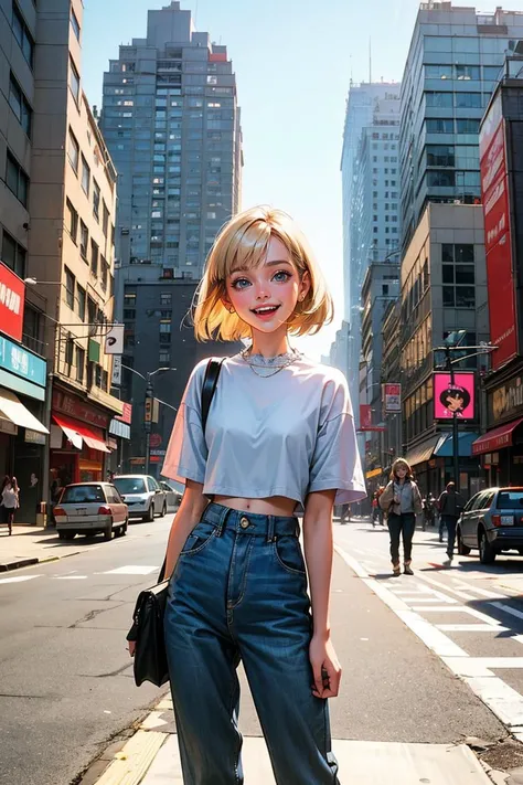 Street style photo of a grunge style woman in the streets of 1990 Manhattan standing in front of a sliver high rise building, blonde, 90s bob, Carly Norris, Sliver movie, natural lighting, shot on Agfa Vista 200,(happy:1.4),
<lora:add_detail:0.4>,